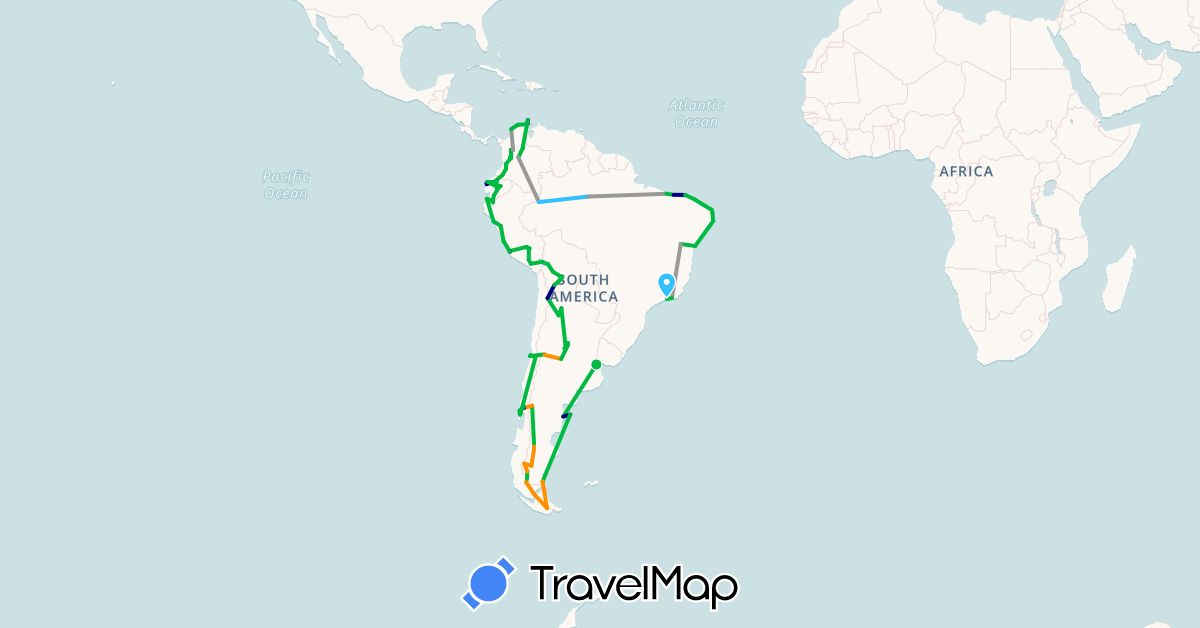 TravelMap itinerary: driving, bus, plane, cycling, boat, hitchhiking in Argentina, Bolivia, Brazil, Chile, Colombia, Ecuador, Peru (South America)
