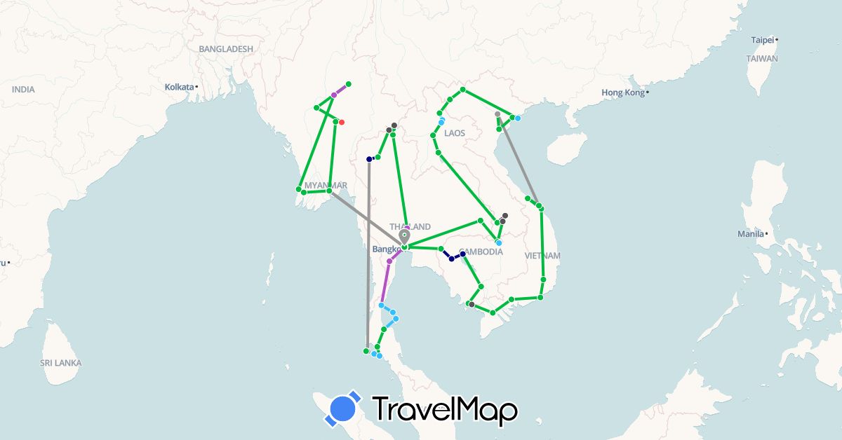 TravelMap itinerary: driving, bus, plane, train, hiking, boat, motorbike in Cambodia, Laos, Myanmar (Burma), Thailand, Vietnam (Asia)