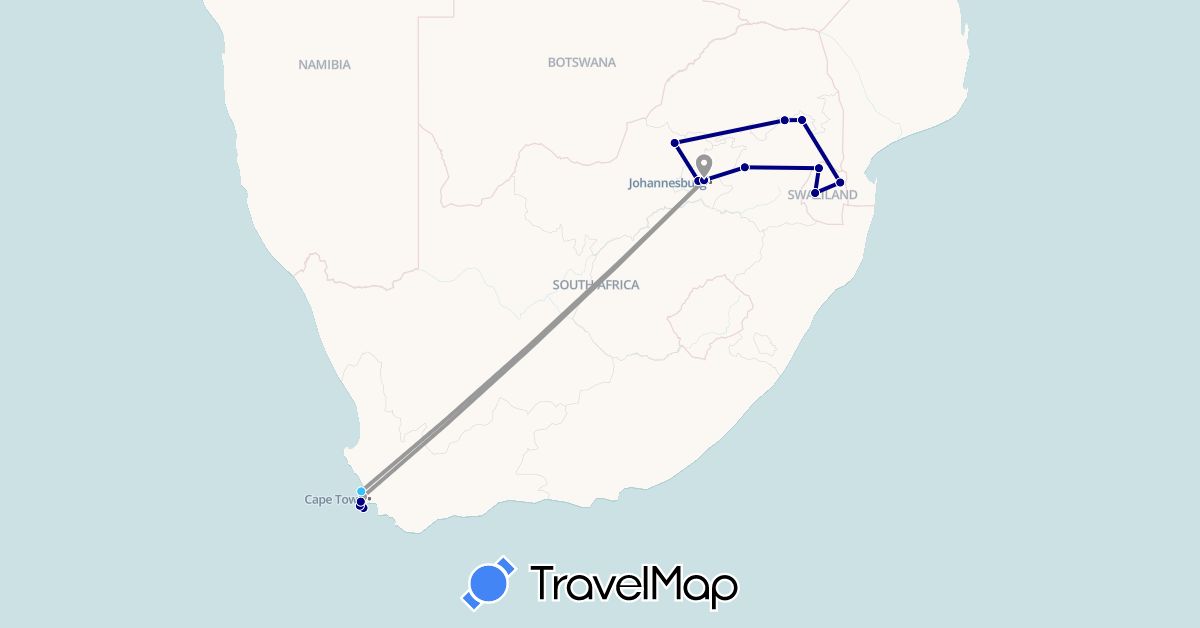 TravelMap itinerary: driving, plane, boat in Swaziland, South Africa (Africa)